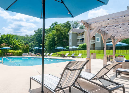 lounge chairs under umbrellas at the pool at Madison Glen Mills, Pennsylvania