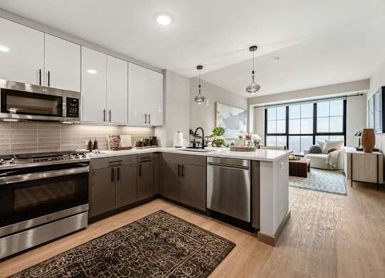 a kitchen with stainless steel appliances and a counter top