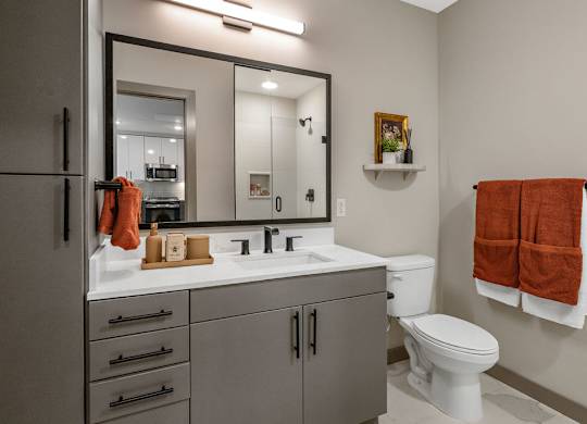 a bathroom with a sink toilet and a mirror