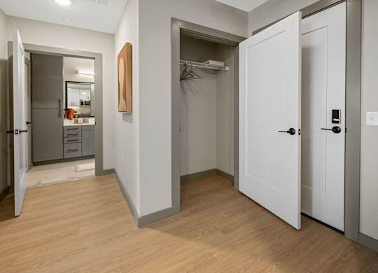 a bedroom with a closet and a hallway with two doors