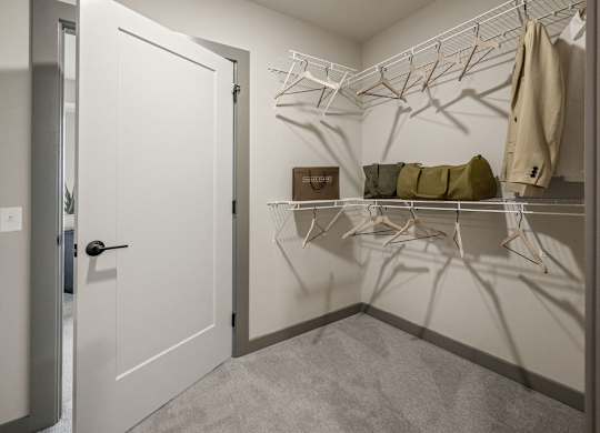 a walk in closet with a white door and a white closet door to a bedroom