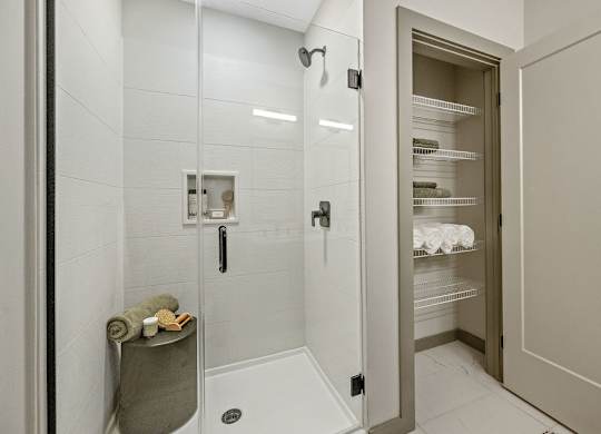 a bathroom with a shower and a closet