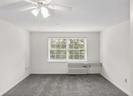 A room with a ceiling fan and a window with a view of trees.