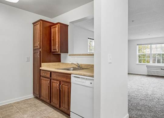A kitchen with wooden cabinets and a white dishwasher.