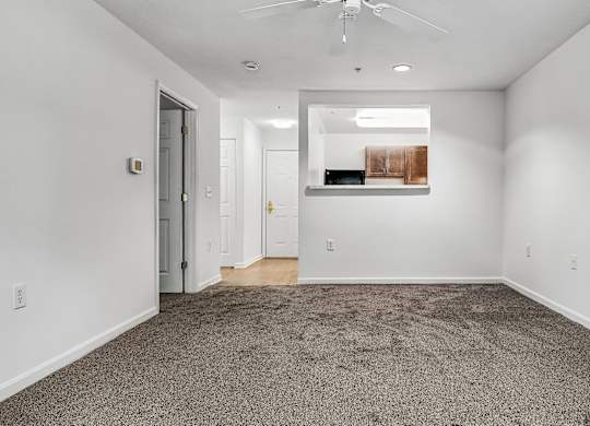 A room with a carpet floor and a ceiling fan.