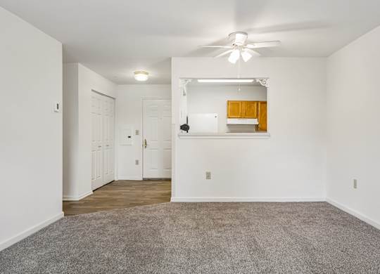 A spacious room with a ceiling fan and carpeted floor.