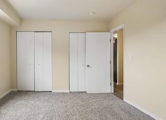 A room with two white closet doors and a carpeted floor.