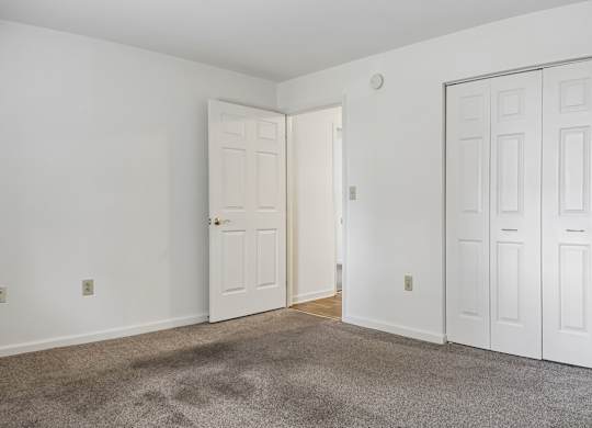 A room with a carpeted floor and two white doors.