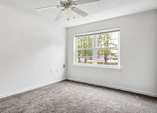 A room with a ceiling fan and a window showing greenery outside.