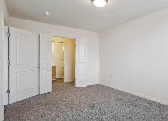 A room with white walls and carpeted floor with two doors open.