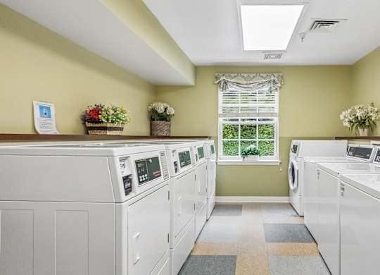 A laundry room with washers and dryers lined up.
