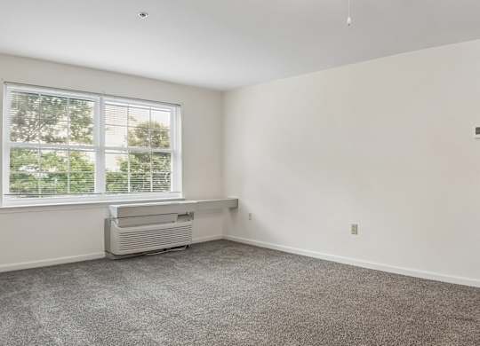 A spacious room with a window and a radiator on the wall.