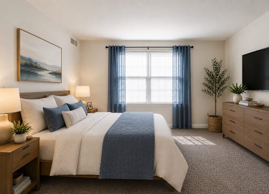 A bedroom with a large bed, a television, and a painting on the wall.