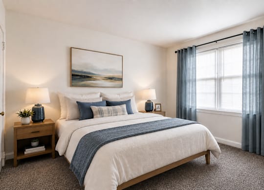 A bedroom with a large bed and a painting on the wall.