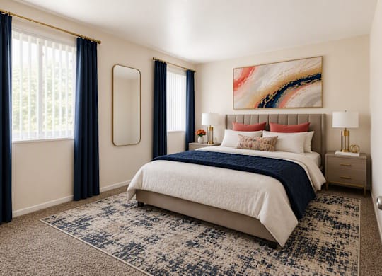 A bedroom with a large bed and a painting on the wall.