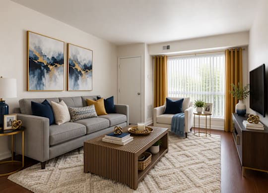 A living room with a grey couch, a coffee table, and two paintings on the wall.