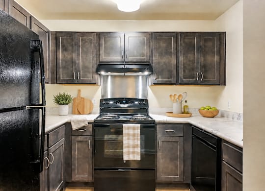 A black refrigerator is in a kitchen with wooden cabinets.