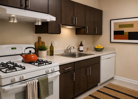 A modern kitchen with a white stove and brown cabinets.