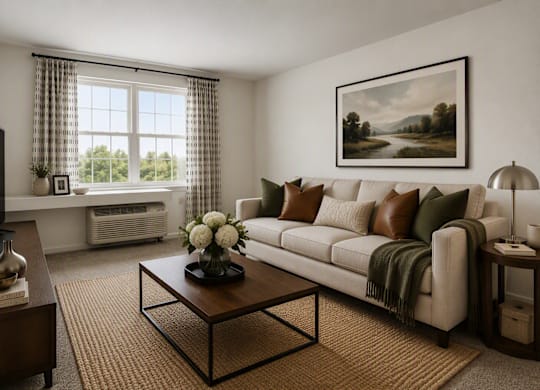 A living room with a couch, coffee table, and a painting on the wall.