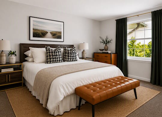 A bedroom with a large bed and a bench in front of it.