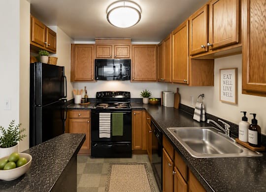 A kitchen with black appliances and wooden cabinets.