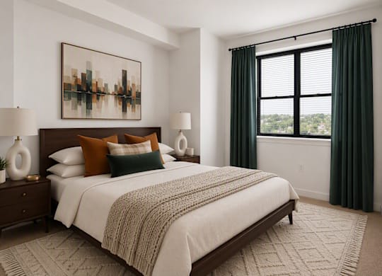 A bedroom with a large bed and a painting on the wall.