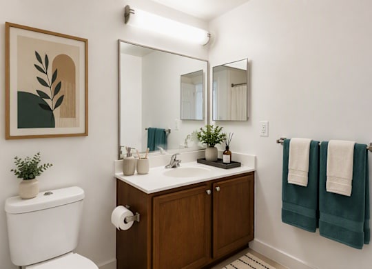 A bathroom with a white toilet, a wooden cabinet, and a framed picture on the wall.