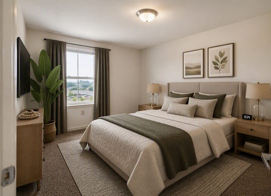 A bedroom with a large bed and a window with curtains.