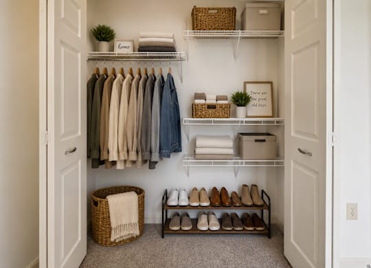 A white closet with clothes and shoes neatly organized.