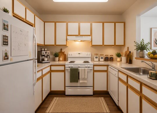 A kitchen with white appliances and wooden cabinets.