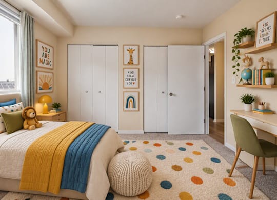 A bedroom with a bed, a desk, and a chair.