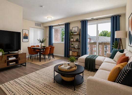 A living room with a large couch, a coffee table, and a television.
