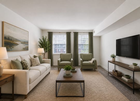 A living room with a couch, two chairs, a coffee table, and a painting on the wall.