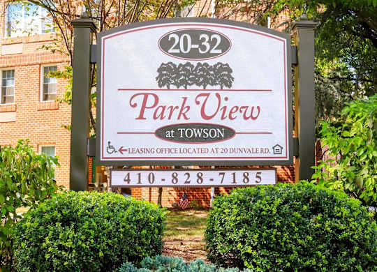 Welcome sign at Park View at Towson, affordable senior living managed by Enterprise