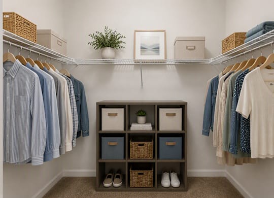 A closet with clothes and a plant on the shelf.