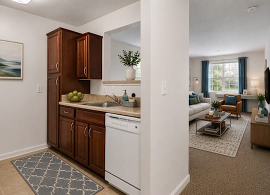 A kitchen with a white dishwasher and wooden cabinets.