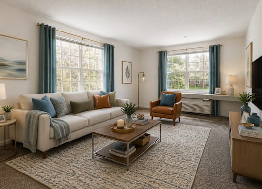 A living room with a couch, chair, and coffee table.