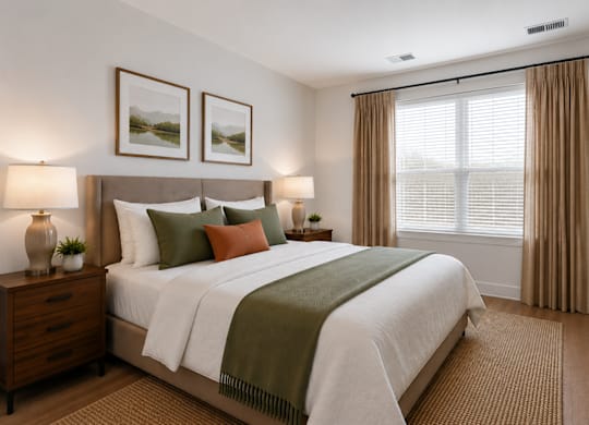 A bedroom with a large bed, two nightstands, and a window with curtains.