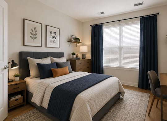 A bedroom with a bed, desk, and chair.