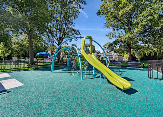 A playground with a yellow slide and a blue slide.