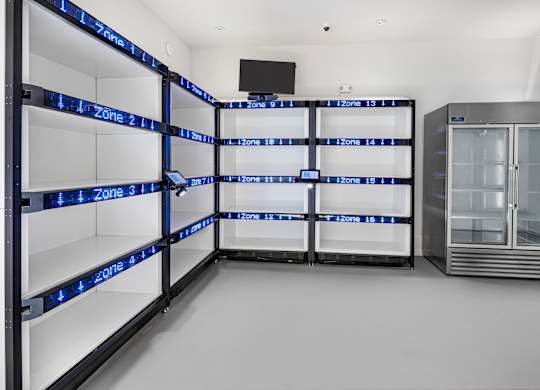 A series of refrigerators are lined up in a row with zone numbers on the shelves at Folksong Apartments, Georgia 30542