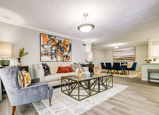 Living Room With Kitchen View at The Veranda, Lawrenceville