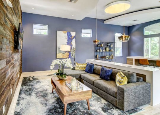 Contemporary resident lounge area with a grey couch, modern wooden coffee table, and view of community dining area at Tuscany Bay Apartments, Tampa, FL