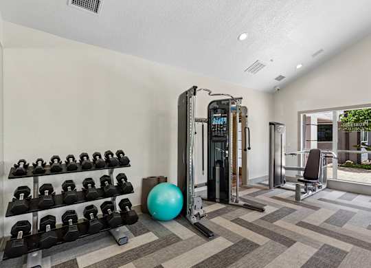 A gym with a row of black weight benches and a blue exercise ball.