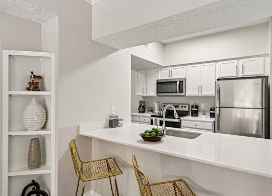 A kitchen with a white countertop and stainless steel appliances.
