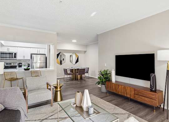 A modern living room with a grey sofa, a glass coffee table, and a black television on a wooden cabinet.