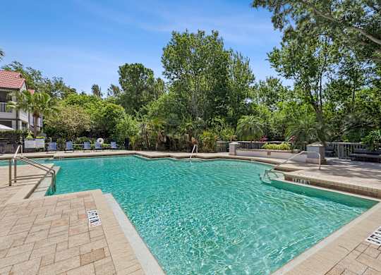A swimming pool surrounded by trees and a clear blue sky.