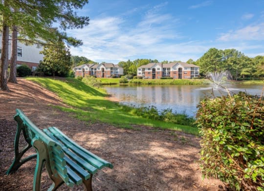 Southpoint Crossing Apartments in Durham, North Carolina Bench and Pond with Fountain