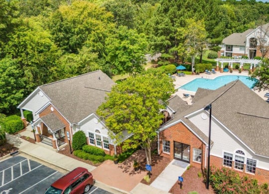 Southpoint Crossing Apartments in Durham, North Carolina Aerial View of Clubhouse and Pool