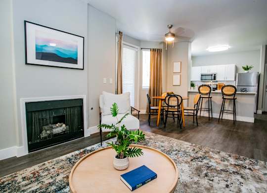 Living Area With Fireplace at Octave Apartments, Las Vegas, NV, 89123